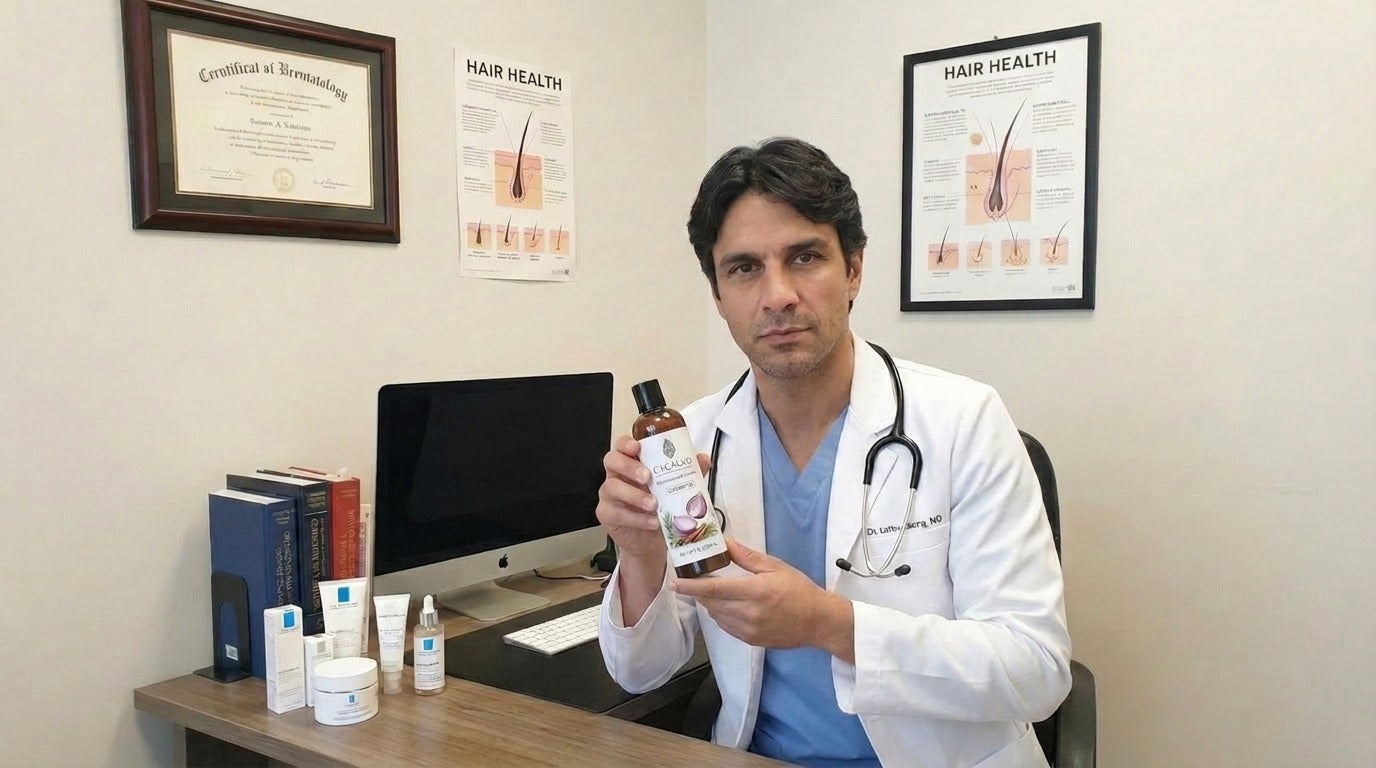 Dr. Andrés Romero con Shampoo Excalvo